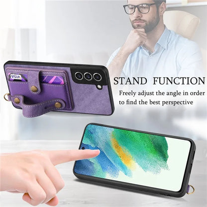 D9 For Samsung Galaxy S21 FE 5G Case PU Leather Card Holder Back Cover with Hand Strap