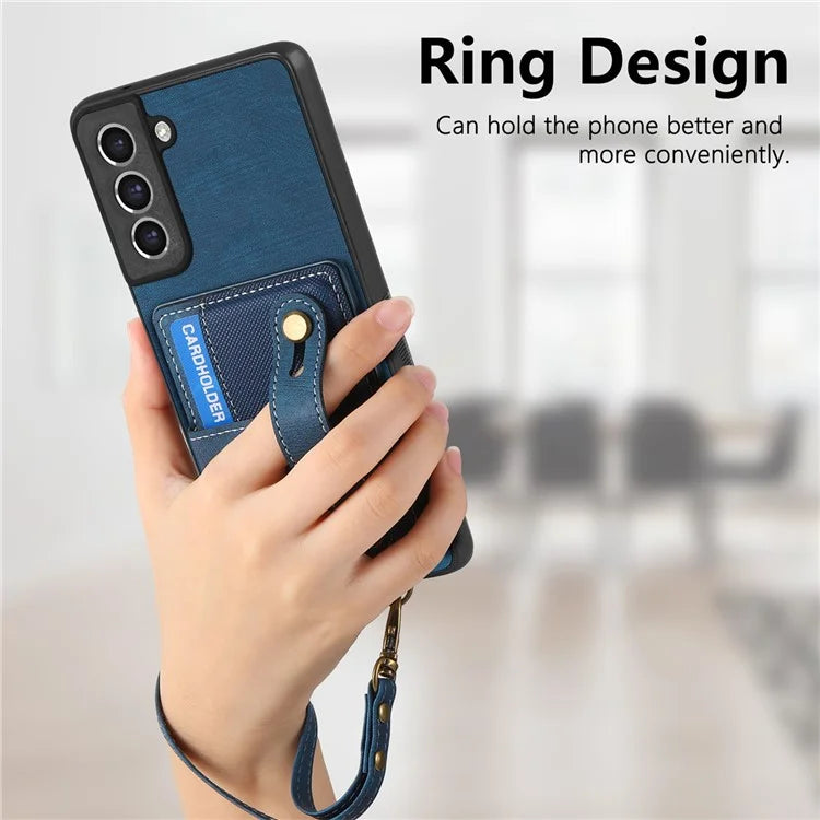 D9 For Samsung Galaxy S21 FE 5G Case PU Leather Card Holder Back Cover with Hand Strap