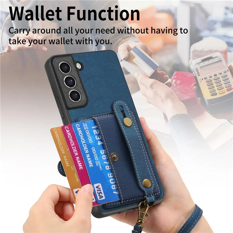 D9 For Samsung Galaxy S21 FE 5G Case PU Leather Card Holder Back Cover with Hand Strap