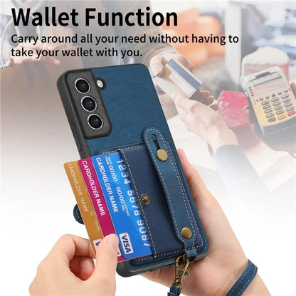 D9 For Samsung Galaxy S21 FE 5G Case PU Leather Card Holder Back Cover with Hand Strap
