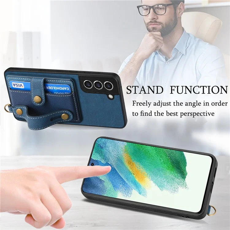 D9 For Samsung Galaxy S21 FE 5G Case PU Leather Card Holder Back Cover with Hand Strap