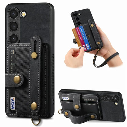 D9 For Samsung Galaxy S23 Case Retro Leather Coated TPU+PC Protective Cover with Wrist Strap