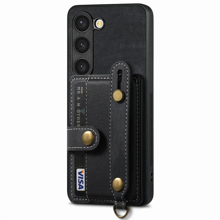 D9 For Samsung Galaxy S23 Case Retro Leather Coated TPU+PC Protective Cover with Wrist Strap