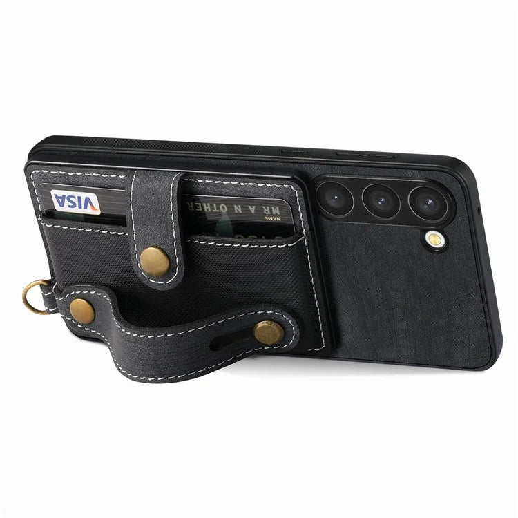 D9 For Samsung Galaxy S23 Case Retro Leather Coated TPU+PC Protective Cover with Wrist Strap