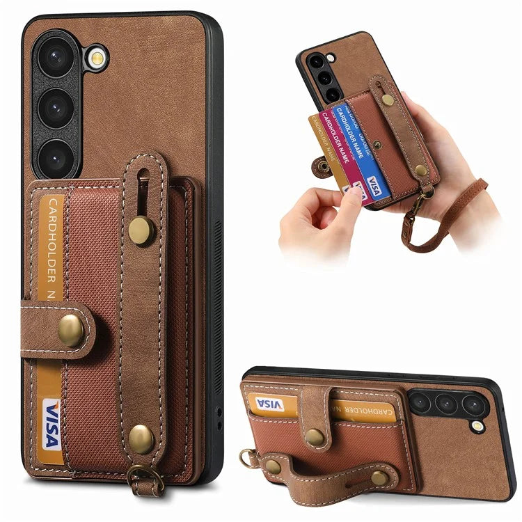 D9 For Samsung Galaxy S23 Case Retro Leather Coated TPU+PC Protective Cover with Wrist Strap