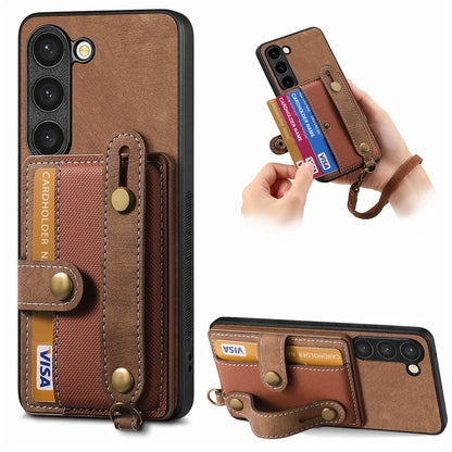 D9 For Samsung Galaxy S23 Case Retro Leather Coated TPU+PC Protective Cover with Wrist Strap