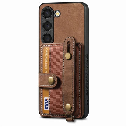 D9 For Samsung Galaxy S23 Case Retro Leather Coated TPU+PC Protective Cover with Wrist Strap