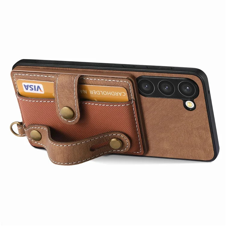 D9 For Samsung Galaxy S23 Case Retro Leather Coated TPU+PC Protective Cover with Wrist Strap