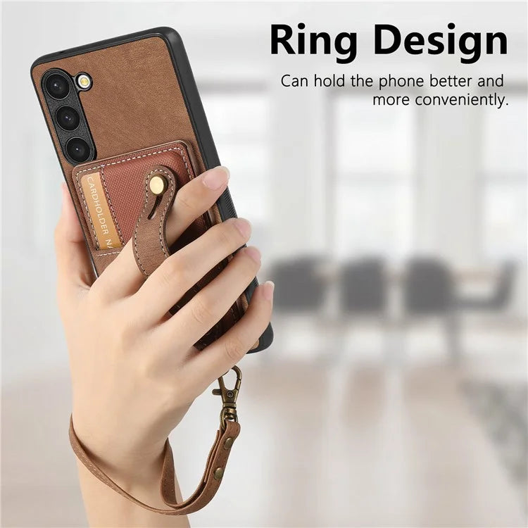 D9 For Samsung Galaxy S23 Case Retro Leather Coated TPU+PC Protective Cover with Wrist Strap