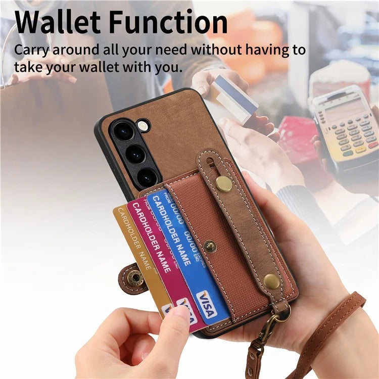D9 For Samsung Galaxy S23 Case Retro Leather Coated TPU+PC Protective Cover with Wrist Strap