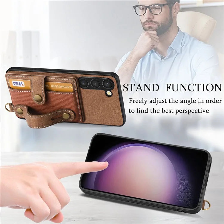 D9 For Samsung Galaxy S23 Case Retro Leather Coated TPU+PC Protective Cover with Wrist Strap