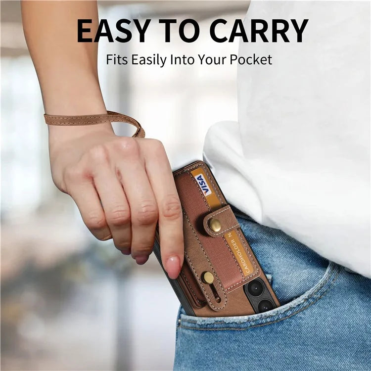 D9 For Samsung Galaxy S23 Case Retro Leather Coated TPU+PC Protective Cover with Wrist Strap