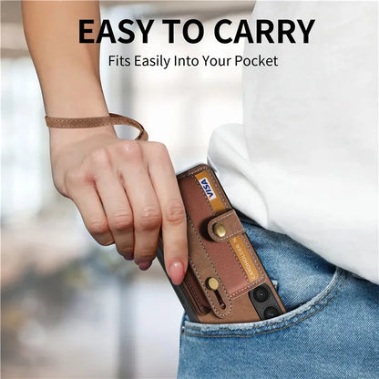D9 For Samsung Galaxy S23 Case Retro Leather Coated TPU+PC Protective Cover with Wrist Strap