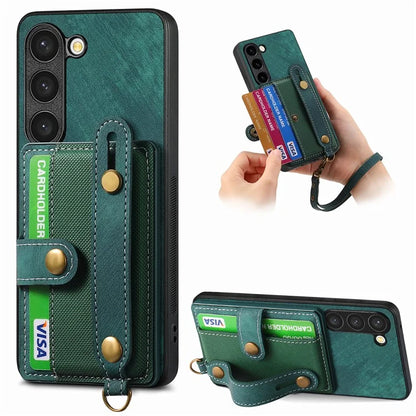 D9 For Samsung Galaxy S23 Case Retro Leather Coated TPU+PC Protective Cover with Wrist Strap