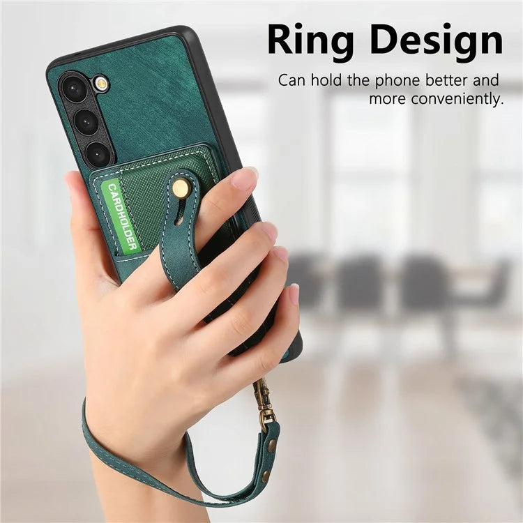 D9 For Samsung Galaxy S23 Case Retro Leather Coated TPU+PC Protective Cover with Wrist Strap