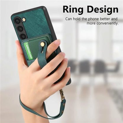D9 For Samsung Galaxy S23 Case Retro Leather Coated TPU+PC Protective Cover with Wrist Strap