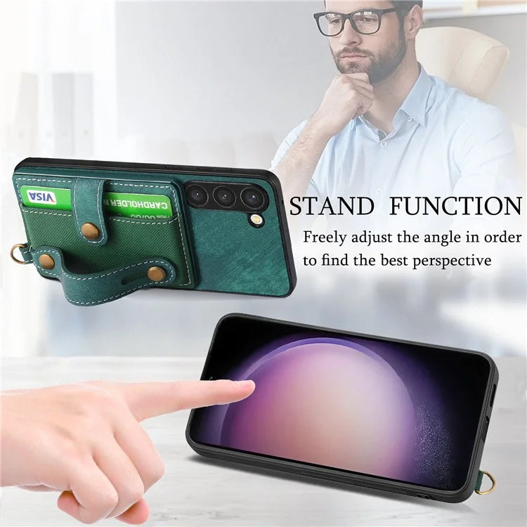 D9 For Samsung Galaxy S23 Case Retro Leather Coated TPU+PC Protective Cover with Wrist Strap