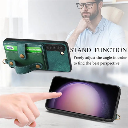D9 For Samsung Galaxy S23 Case Retro Leather Coated TPU+PC Protective Cover with Wrist Strap
