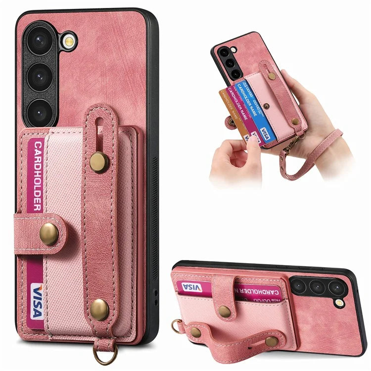 D9 For Samsung Galaxy S23 Case Retro Leather Coated TPU+PC Protective Cover with Wrist Strap