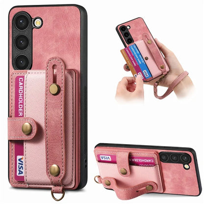 D9 For Samsung Galaxy S23 Case Retro Leather Coated TPU+PC Protective Cover with Wrist Strap