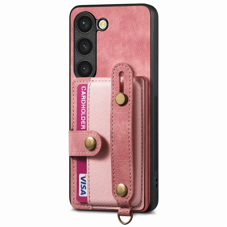 D9 For Samsung Galaxy S23 Case Retro Leather Coated TPU+PC Protective Cover with Wrist Strap