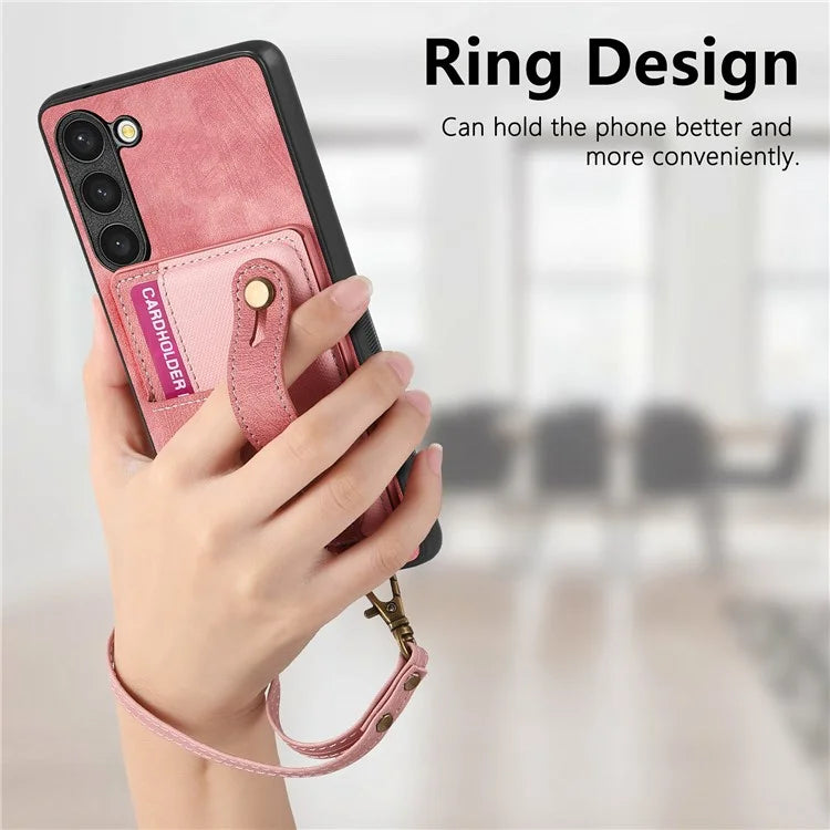 D9 For Samsung Galaxy S23 Case Retro Leather Coated TPU+PC Protective Cover with Wrist Strap