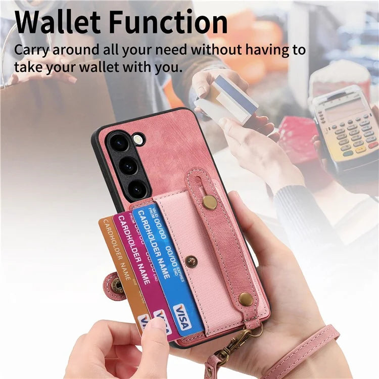 D9 For Samsung Galaxy S23 Case Retro Leather Coated TPU+PC Protective Cover with Wrist Strap