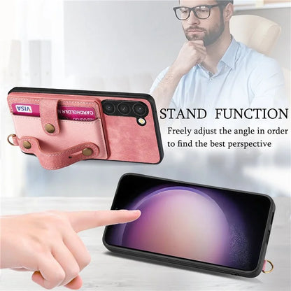 D9 For Samsung Galaxy S23 Case Retro Leather Coated TPU+PC Protective Cover with Wrist Strap