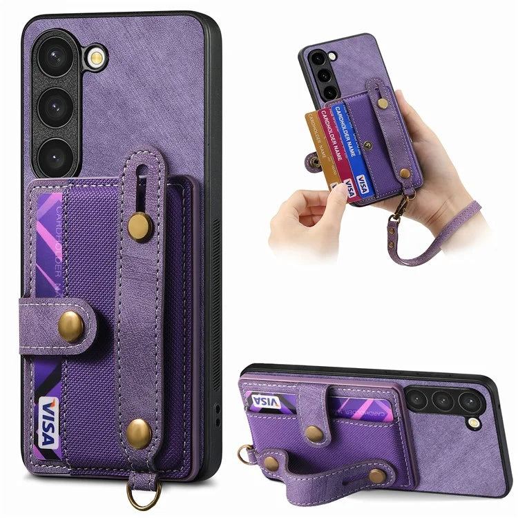D9 For Samsung Galaxy S23 Case Retro Leather Coated TPU+PC Protective Cover with Wrist Strap