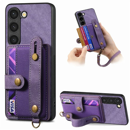 D9 For Samsung Galaxy S23 Case Retro Leather Coated TPU+PC Protective Cover with Wrist Strap