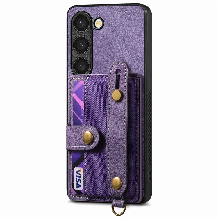 D9 For Samsung Galaxy S23 Case Retro Leather Coated TPU+PC Protective Cover with Wrist Strap