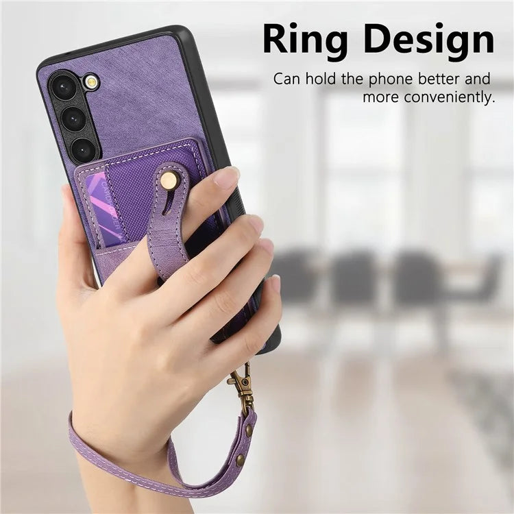 D9 For Samsung Galaxy S23 Case Retro Leather Coated TPU+PC Protective Cover with Wrist Strap