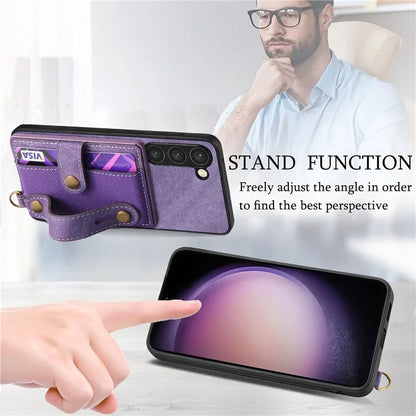 D9 For Samsung Galaxy S23 Case Retro Leather Coated TPU+PC Protective Cover with Wrist Strap