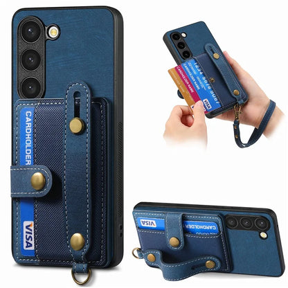 D9 For Samsung Galaxy S23 Case Retro Leather Coated TPU+PC Protective Cover with Wrist Strap