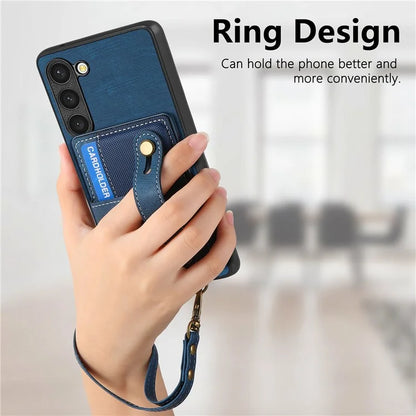 D9 For Samsung Galaxy S23 Case Retro Leather Coated TPU+PC Protective Cover with Wrist Strap