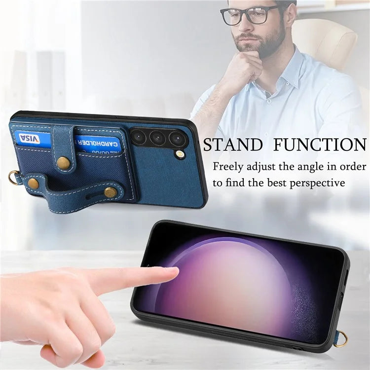 D9 For Samsung Galaxy S23 Case Retro Leather Coated TPU+PC Protective Cover with Wrist Strap
