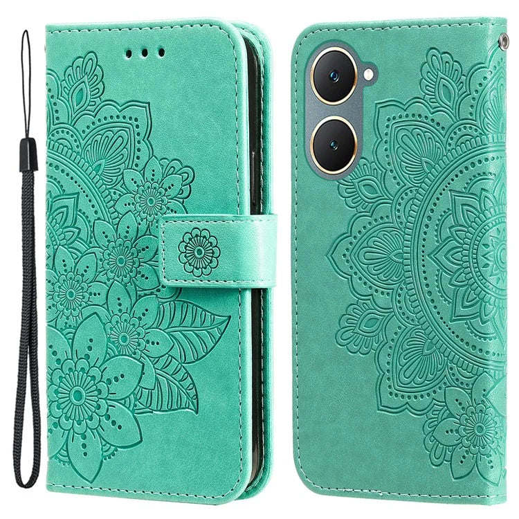 For vivo Y03 Cell Phone Cases Imprinted Flower Pattern Stand Cover with Hand Strap