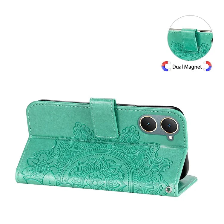 For vivo Y03 Cell Phone Cases Imprinted Flower Pattern Stand Cover with Hand Strap
