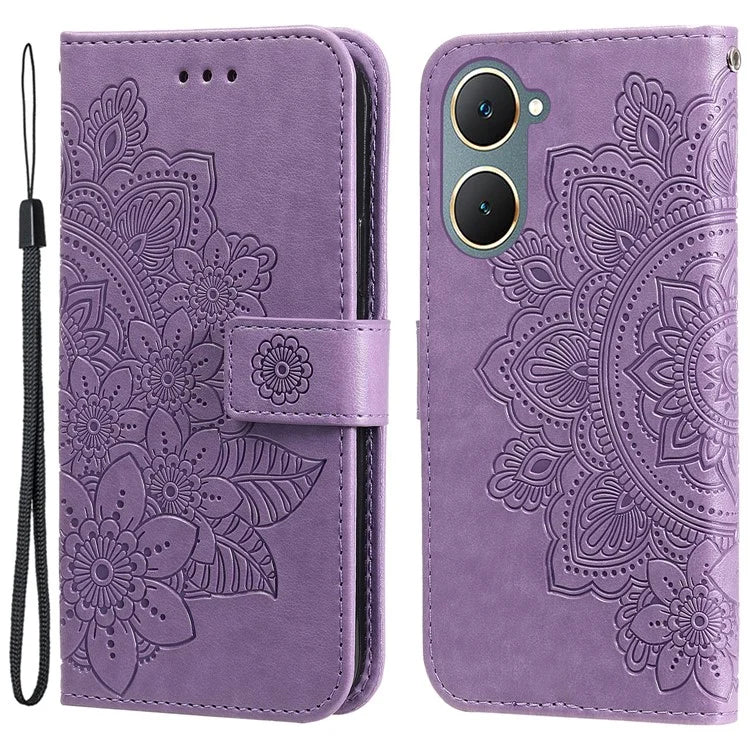 For vivo Y03 Cell Phone Cases Imprinted Flower Pattern Stand Cover with Hand Strap