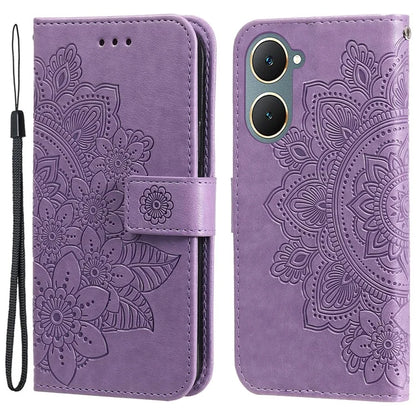 For vivo Y03 Cell Phone Cases Imprinted Flower Pattern Stand Cover with Hand Strap