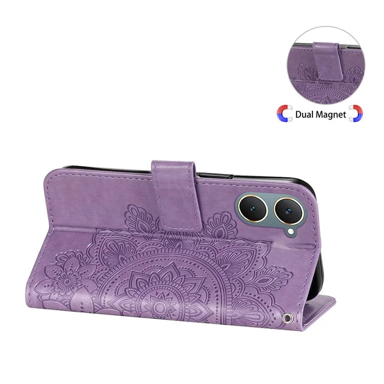 For vivo Y03 Cell Phone Cases Imprinted Flower Pattern Stand Cover with Hand Strap