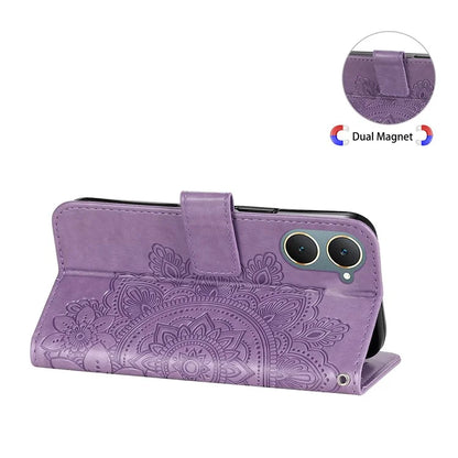 For vivo Y03 Cell Phone Cases Imprinted Flower Pattern Stand Cover with Hand Strap