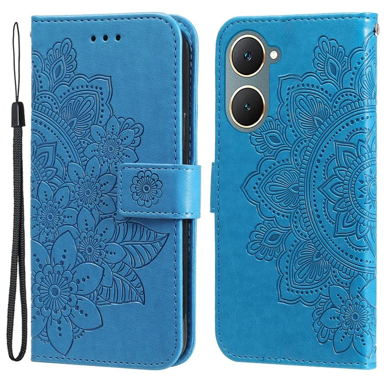 For vivo Y03 Cell Phone Cases Imprinted Flower Pattern Stand Cover with Hand Strap