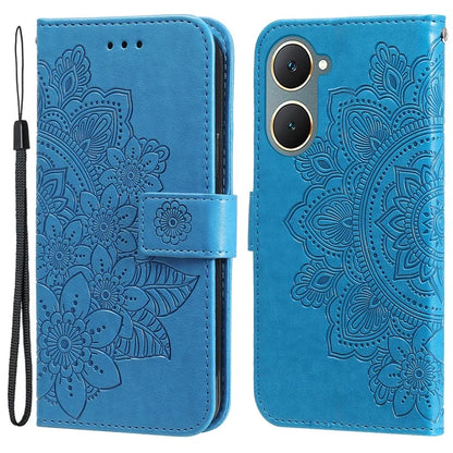 For vivo Y03 Cell Phone Cases Imprinted Flower Pattern Stand Cover with Hand Strap