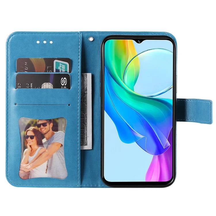 For vivo Y03 Cell Phone Cases Imprinted Flower Pattern Stand Cover with Hand Strap