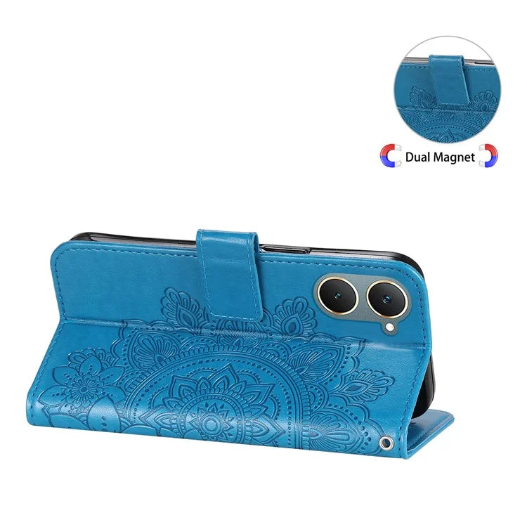 For vivo Y03 Cell Phone Cases Imprinted Flower Pattern Stand Cover with Hand Strap