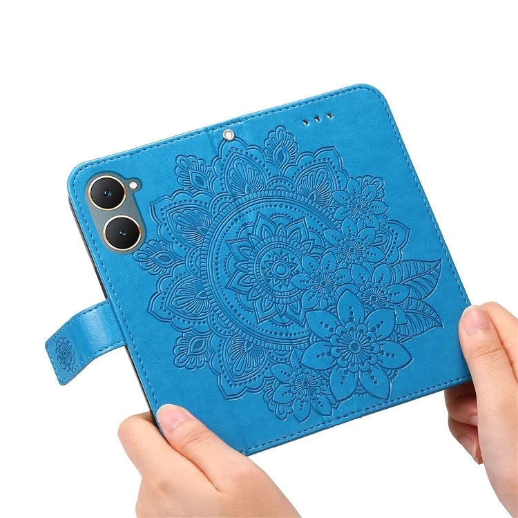 For vivo Y03 Cell Phone Cases Imprinted Flower Pattern Stand Cover with Hand Strap