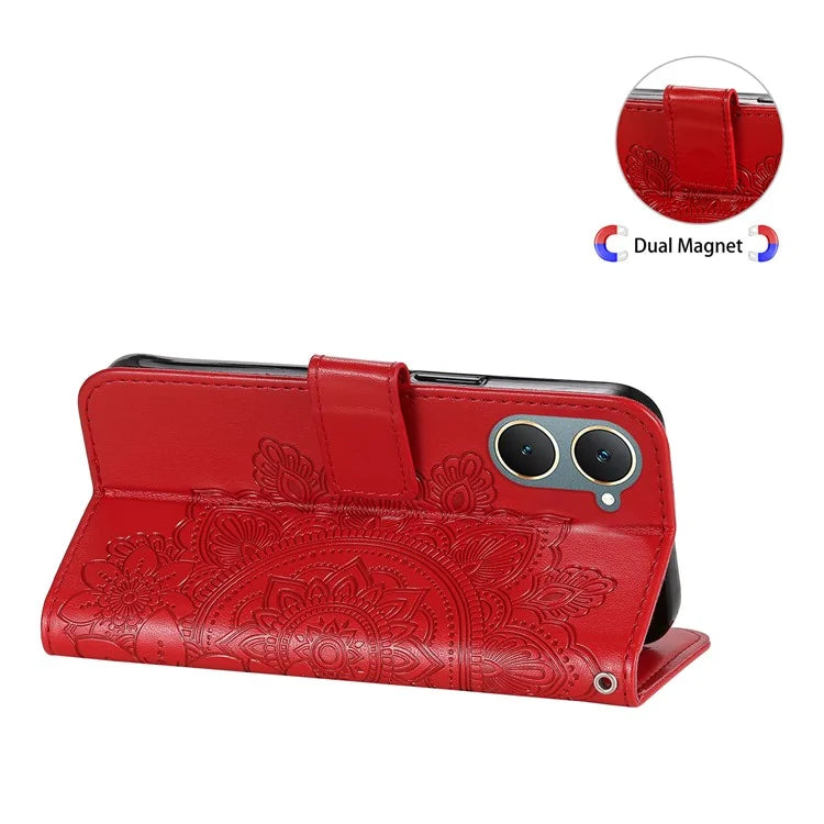 For vivo Y03 Cell Phone Cases Imprinted Flower Pattern Stand Cover with Hand Strap