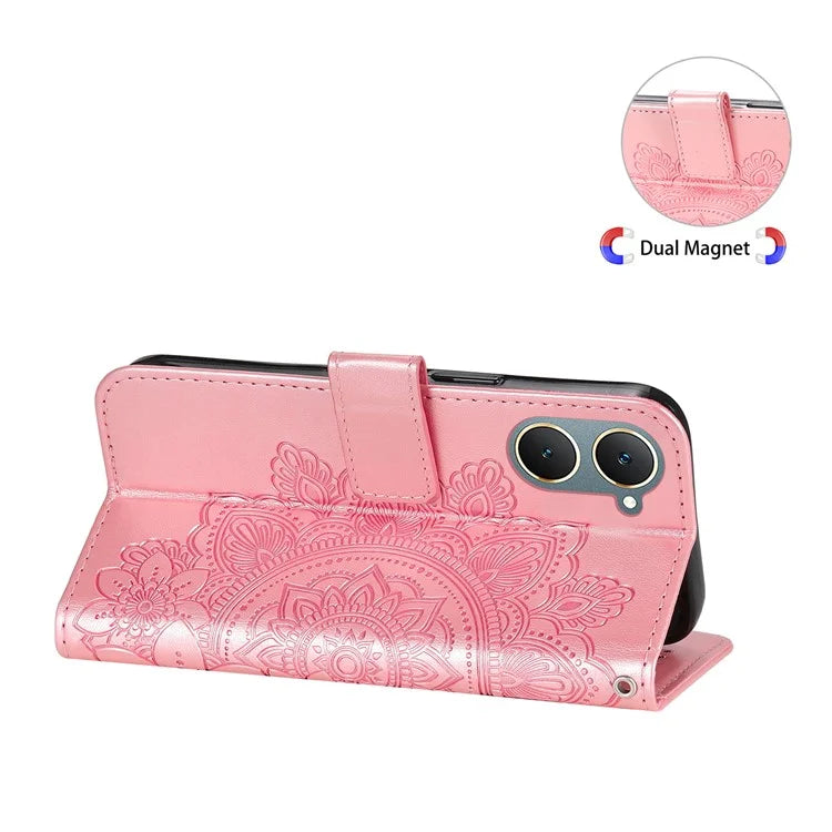 For vivo Y03 Cell Phone Cases Imprinted Flower Pattern Stand Cover with Hand Strap
