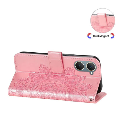 For vivo Y03 Cell Phone Cases Imprinted Flower Pattern Stand Cover with Hand Strap